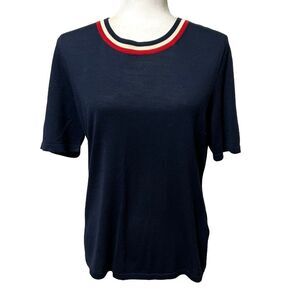 Escada Navy Blue Crewneck Silk Wool Short-Sleeve Top Sz Large